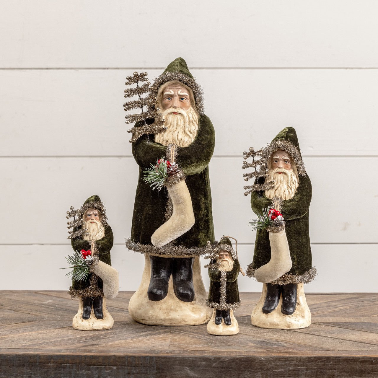 Ragon House 8" Forest Green Velvet Belsnickle Santa with Tinsel Tree – Vintage Style Primitive Christmas Figurine - The Primitive Pineapple Collection