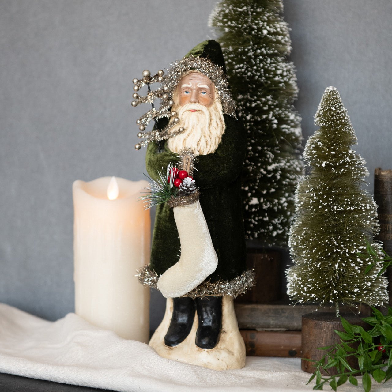 Ragon House Christmas 12" Forest Green Velvet Belsnickle Santa w/ Tinsel Tree - The Primitive Pineapple Collection