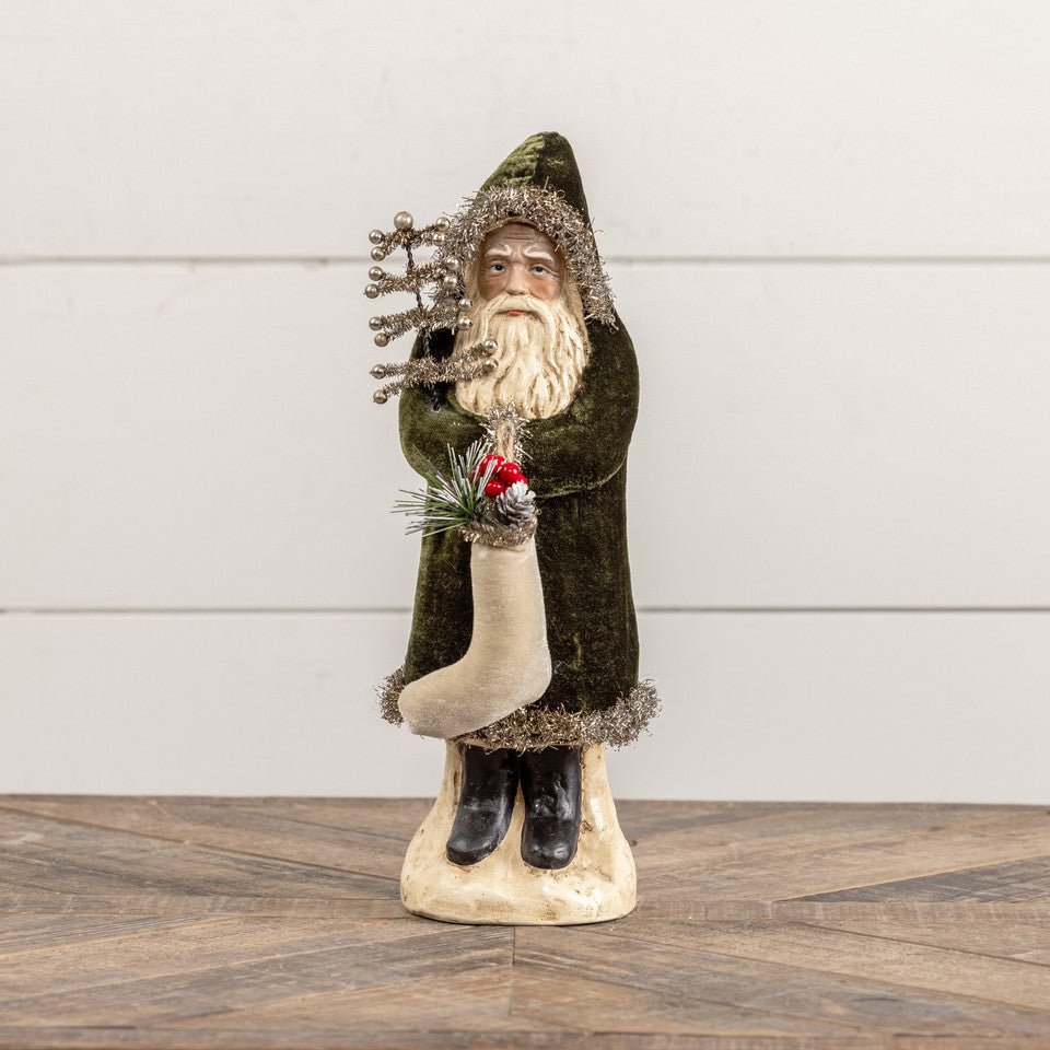 Ragon House Christmas 12" Forest Green Velvet Belsnickle Santa w/ Tinsel Tree - The Primitive Pineapple Collection