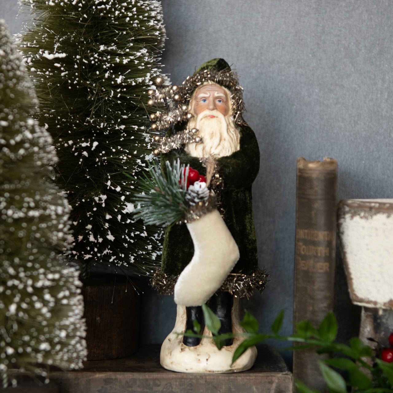 Ragon House 8" Forest Green Velvet Belsnickle Santa with Tinsel Tree – Vintage Style Primitive Christmas Figurine - The Primitive Pineapple Collection