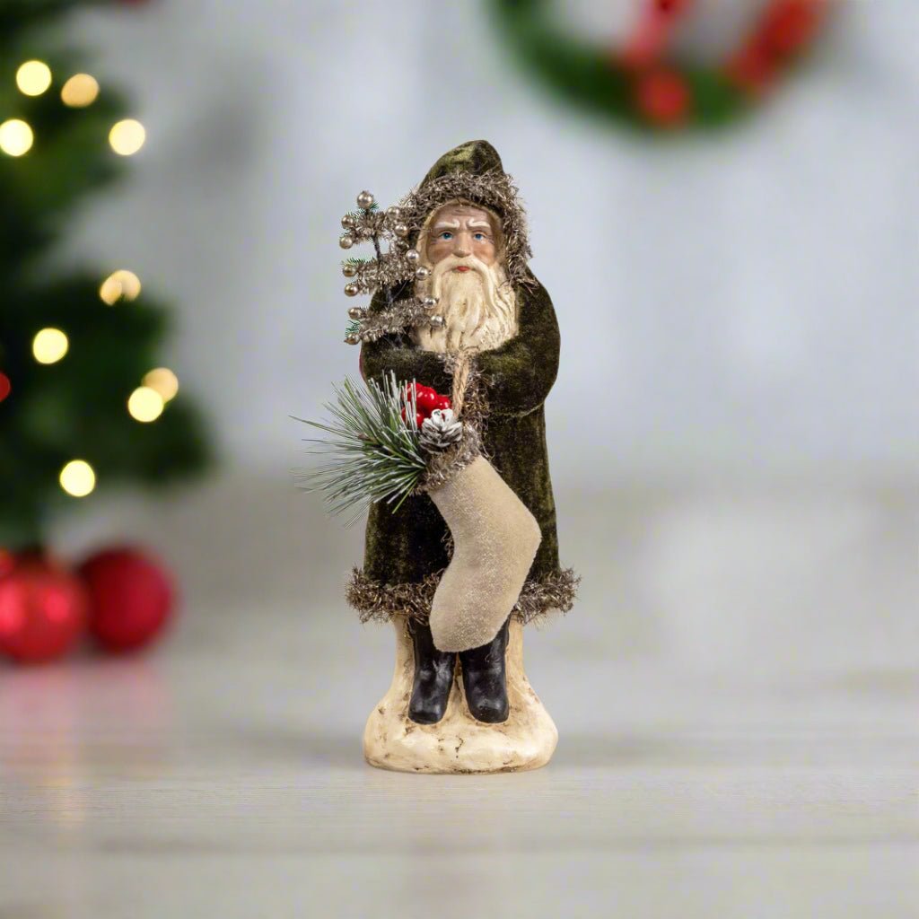 Ragon House 8" Forest Green Velvet Belsnickle Santa with Tinsel Tree – Vintage Style Primitive Christmas Figurine - The Primitive Pineapple Collection