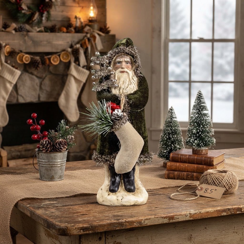 Ragon House 8" Forest Green Velvet Belsnickle Santa with Tinsel Tree – Vintage Style Primitive Christmas Figurine - The Primitive Pineapple Collection