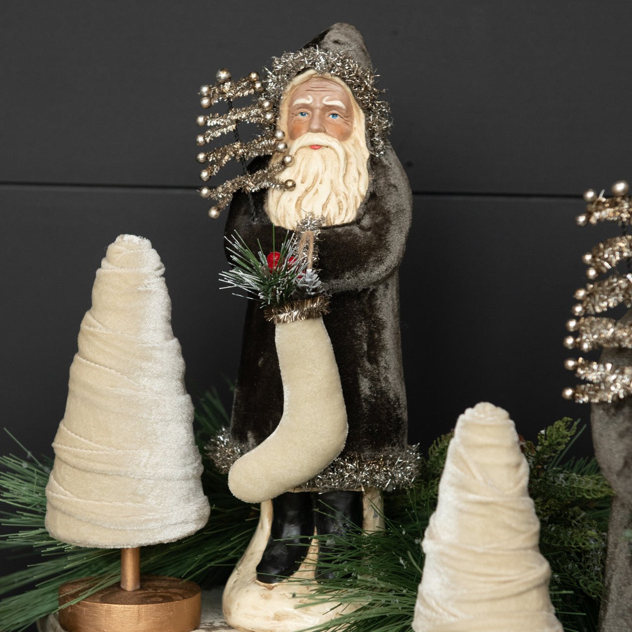 Ragon House Christmas 12" Charcoal Velvet Belsnickle Santa w/ Tinsel Tree/Stocking - The Primitive Pineapple Collection
