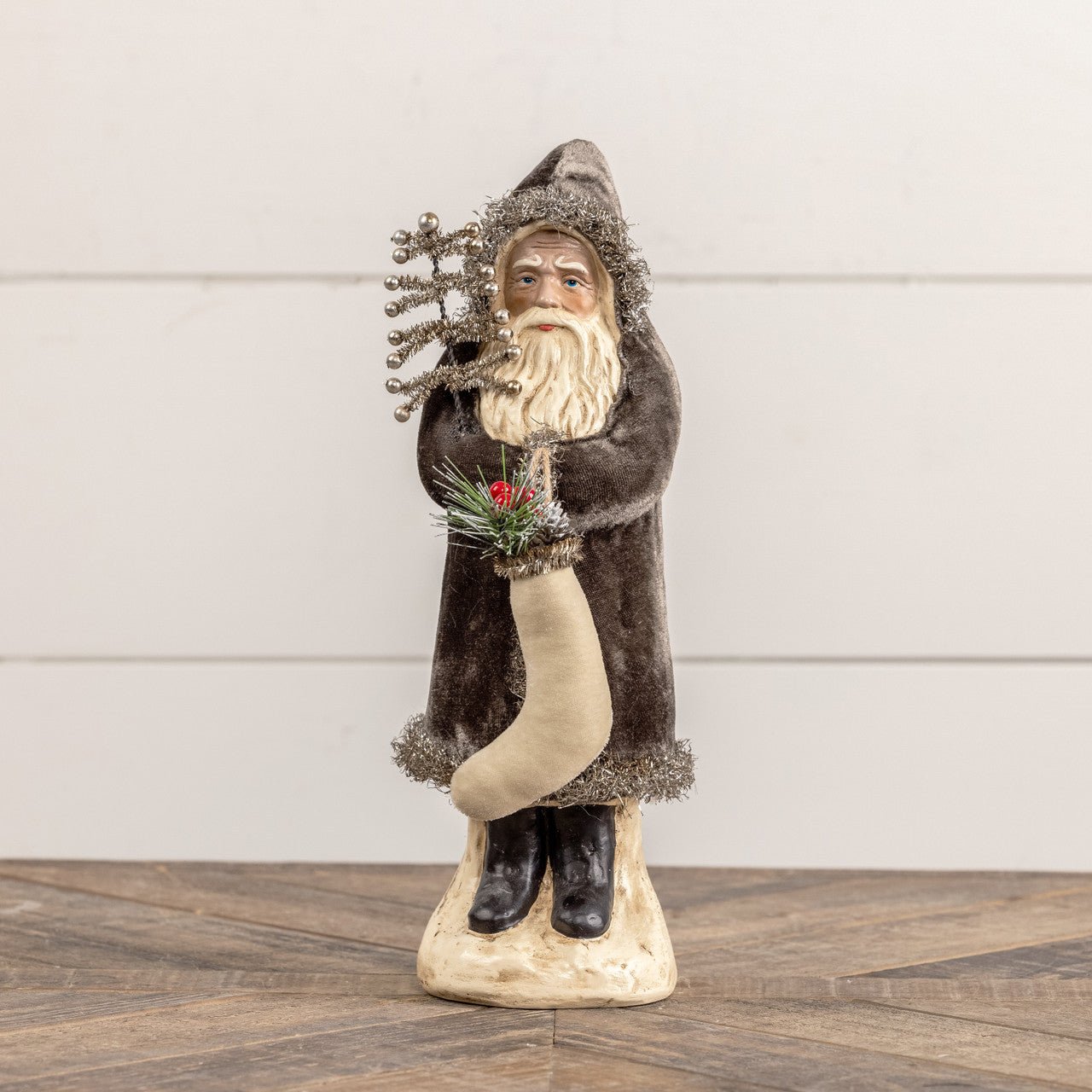 Ragon House Christmas 12" Charcoal Velvet Belsnickle Santa w/ Tinsel Tree/Stocking - The Primitive Pineapple Collection