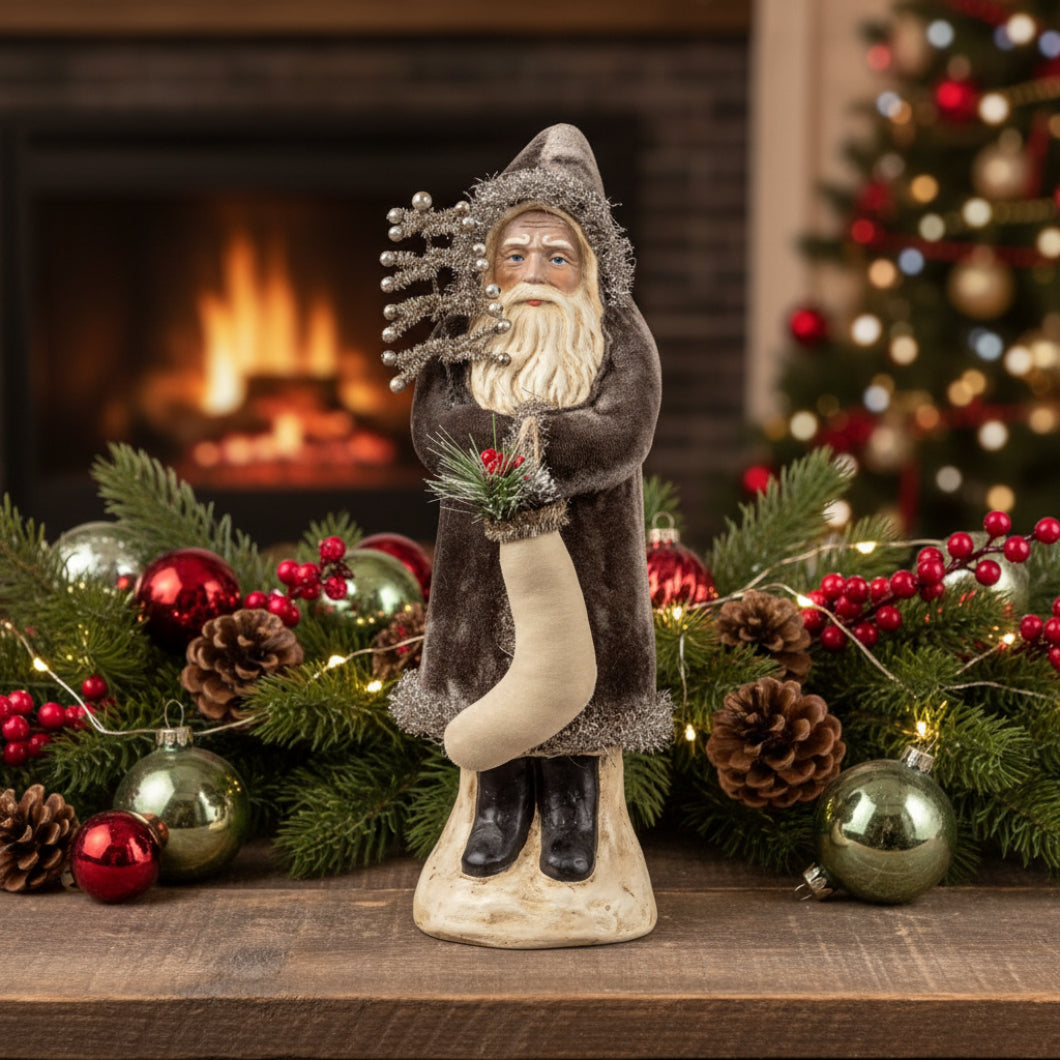 Ragon House Christmas 12" Charcoal Velvet Belsnickle Santa w/ Tinsel Tree/Stocking - The Primitive Pineapple Collection