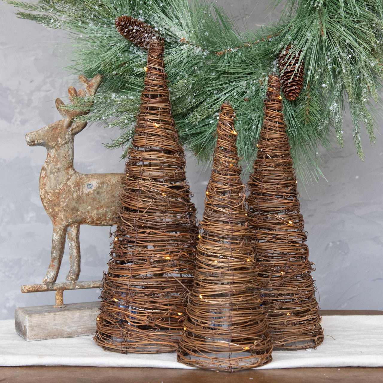 Ragon House Primitive Farmhouse Rustic 3 pc Lighted Grapevine Cone Trees - The Primitive Pineapple Collection