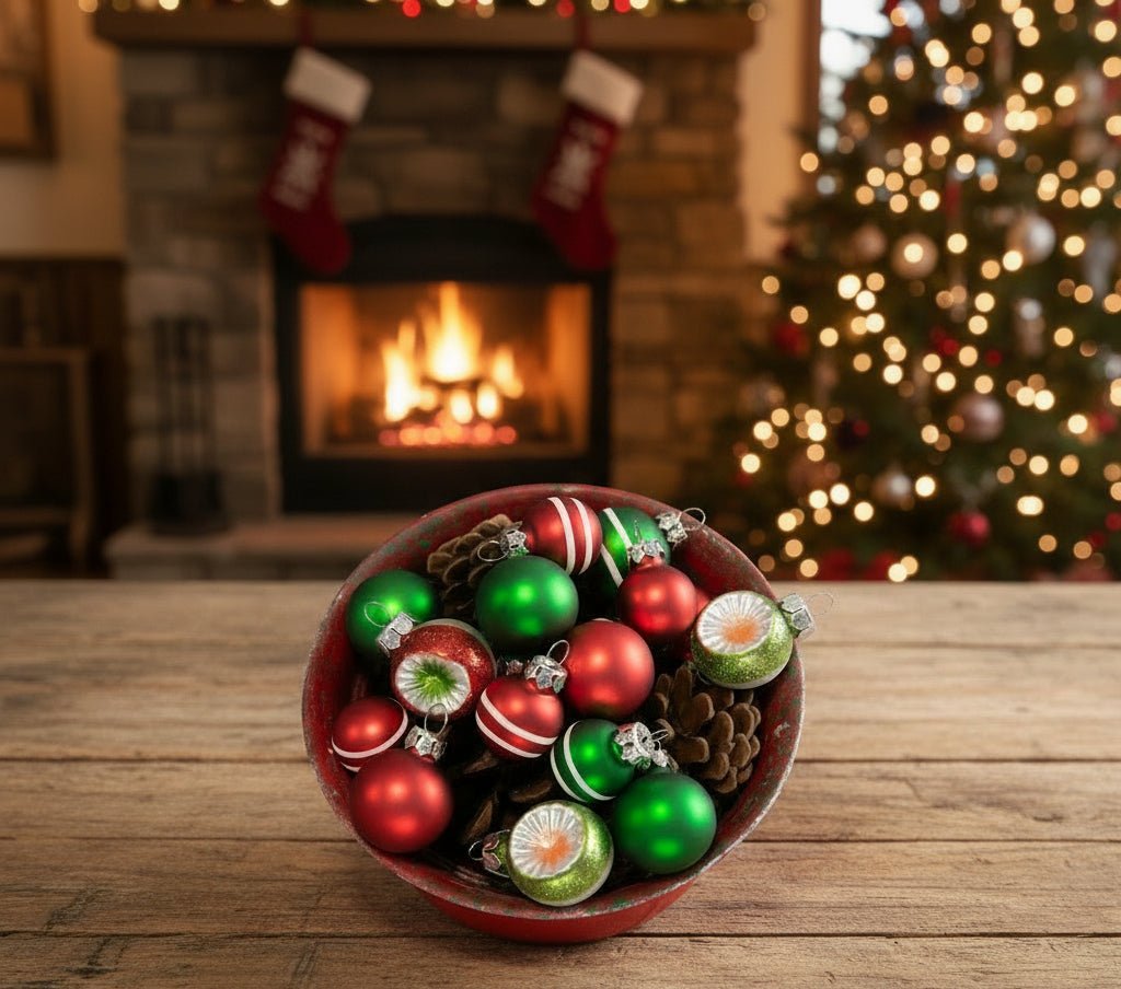 Ragon House 20 pc Christmas 1" Retro Red and Green Glass Ball Ornaments - The Primitive Pineapple Collection