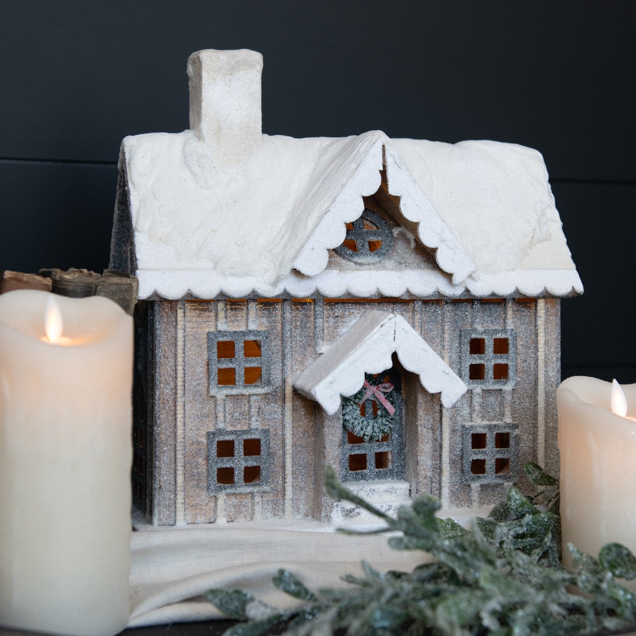 Ragon House Christmas 13.5" Snowy Lighted Wood House w/ Wreath - The Primitive Pineapple Collection