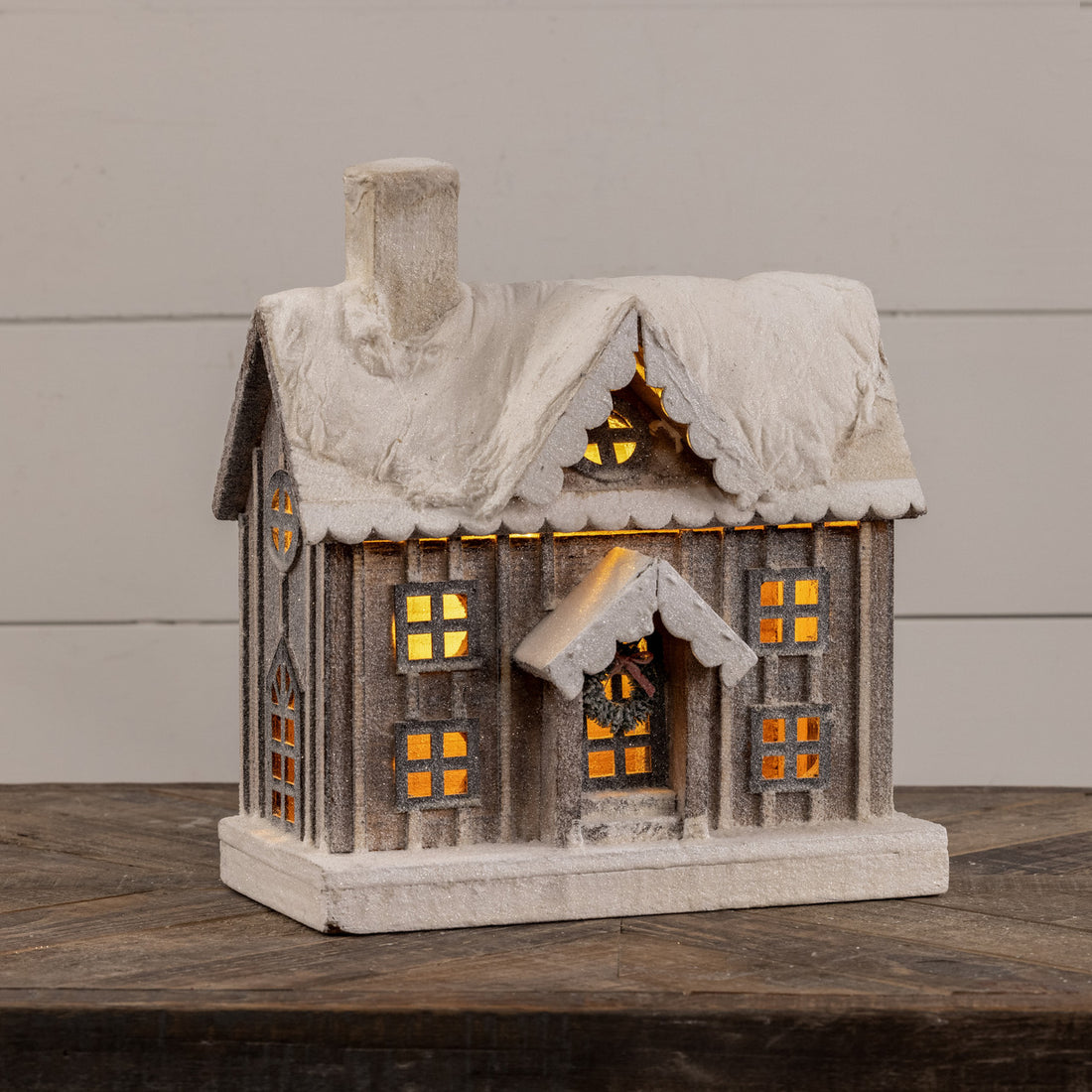 Ragon House Christmas 13.5&quot; Snowy Lighted Wood House w/ Wreath