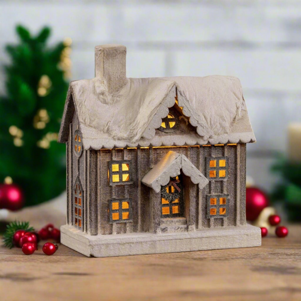 Ragon House Christmas 13.5" Snowy Lighted Wood House w/ Wreath - The Primitive Pineapple Collection
