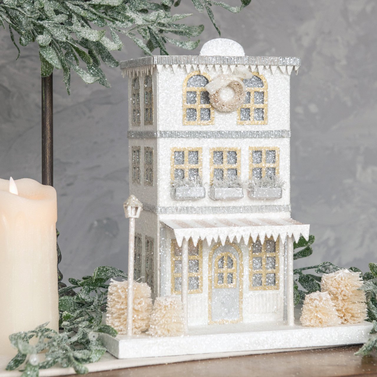 Ragon House Christmas 14" Snowy Lighted Downtown House w/ Wreath - The Primitive Pineapple Collection