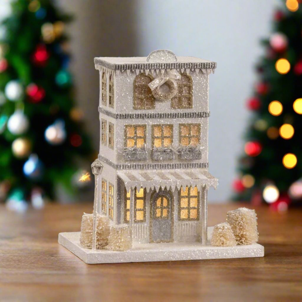Ragon House Christmas 14" Snowy Lighted Downtown House w/ Wreath - The Primitive Pineapple Collection