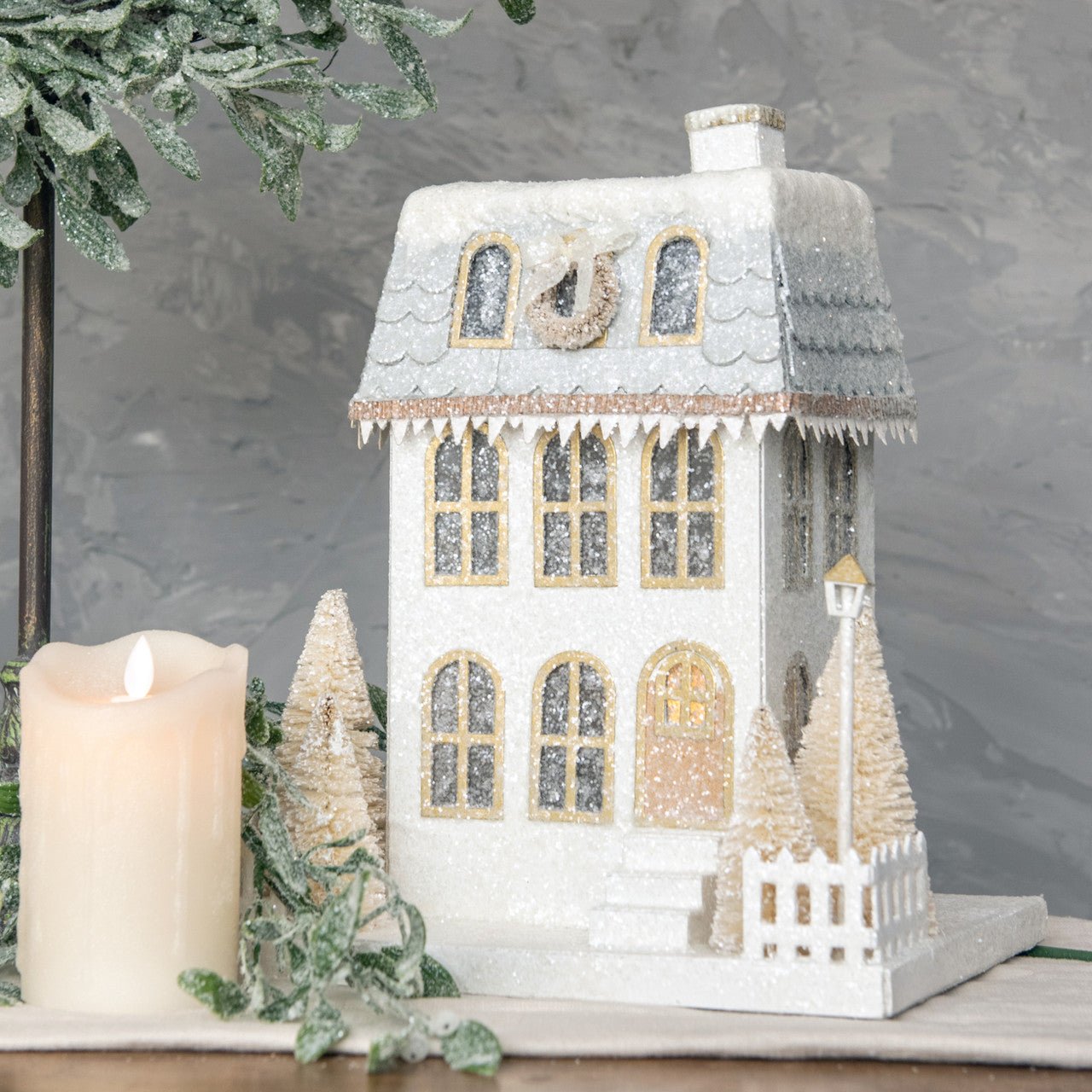 Ragon House Christmas 14" Snowy Lighted Townhouse w/ Wreath - The Primitive Pineapple Collection