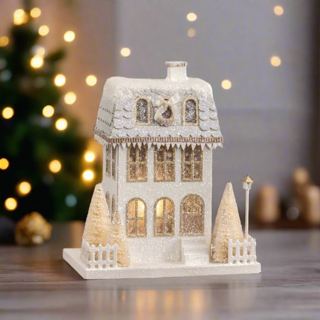 Ragon House Christmas 14" Snowy Lighted Townhouse w/ Wreath - The Primitive Pineapple Collection