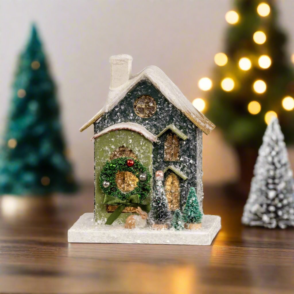 Ragon House Christmas 7.25” Light Up Putz Style Snow Green House - The Primitive Pineapple Collection