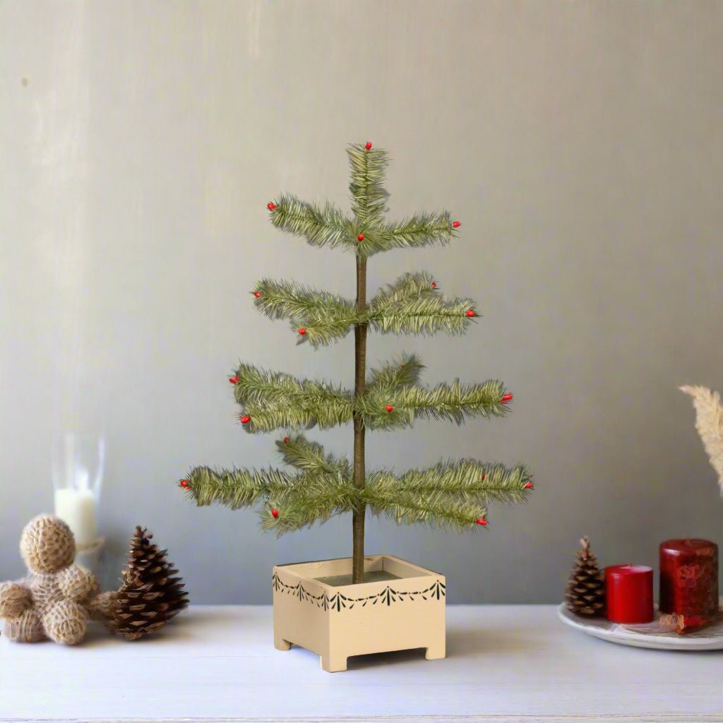 Ragon House Germany Style 18" Green Feather Tree w/ Berries in Stenciled Wood Base - The Primitive Pineapple Collection