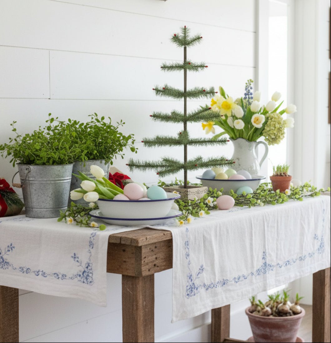 Ragon House Germany Style 24" Green Feather Tree w/ Red Berries in Stenciled Wood Base - The Primitive Pineapple Collection