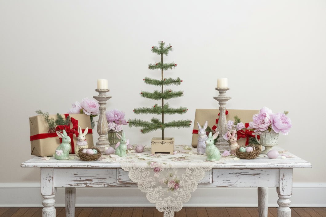 Ragon House 24" Green Feather Tree with Red Berries – Vintage German Style Christmas Decor with Stenciled Wood Base - The Primitive Pineapple Collection