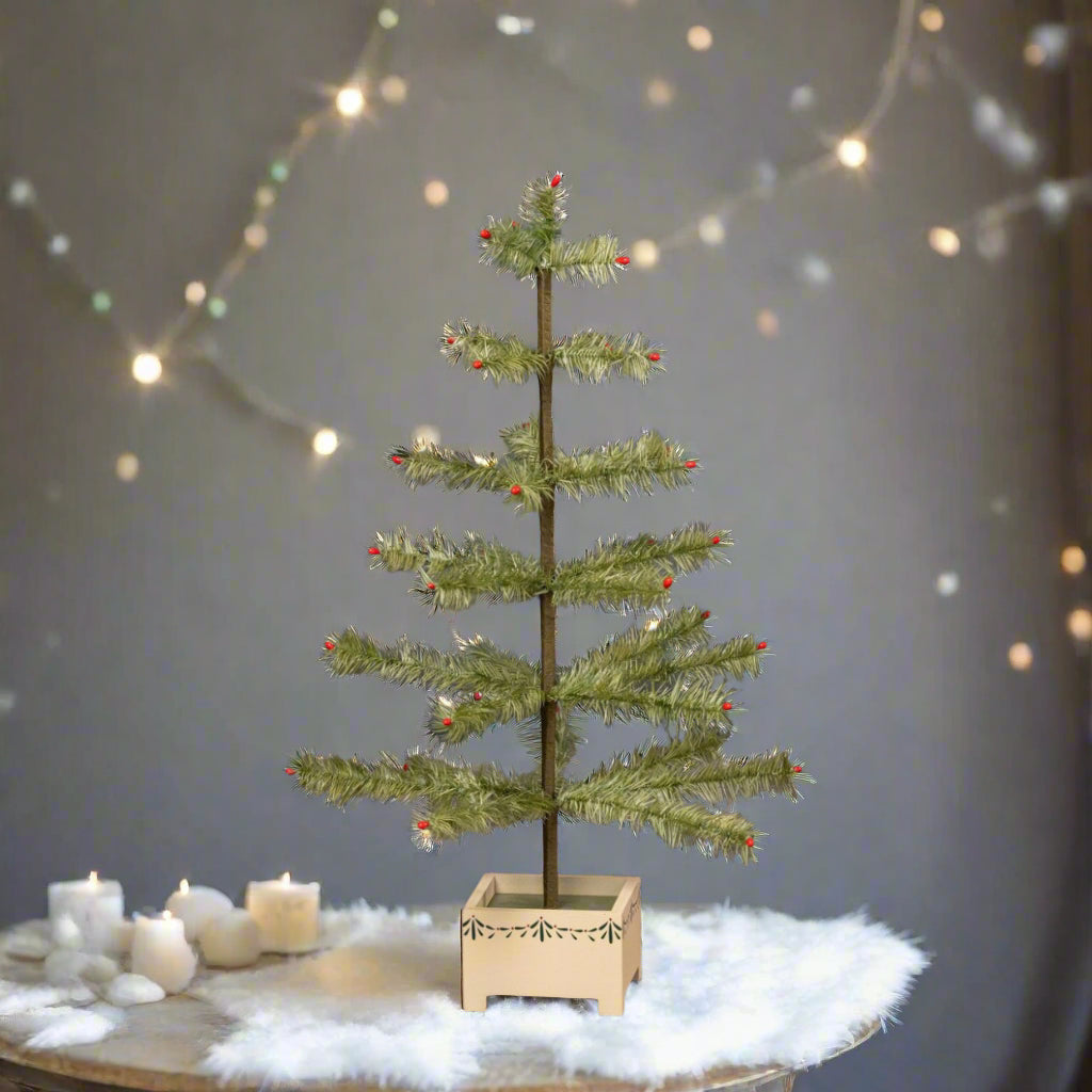 Ragon House 24" Green Feather Tree with Red Berries – Vintage German Style Christmas Decor with Stenciled Wood Base - The Primitive Pineapple Collection