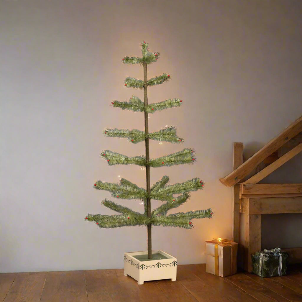 Ragon House Germany Style 36" Green Goose Feather Tree w/ Berries in Stenciled Wood Base - The Primitive Pineapple Collection