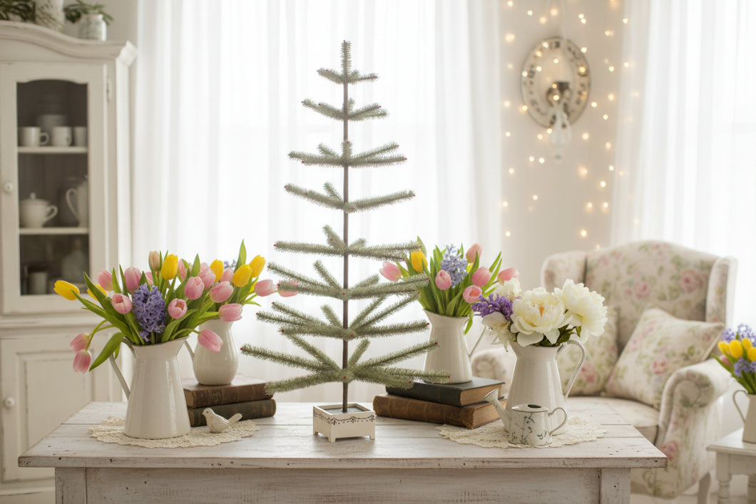 Ragon House Germany Style 48" Green Feather Tree w/ Berries in Stenciled Wood Base - The Primitive Pineapple Collection