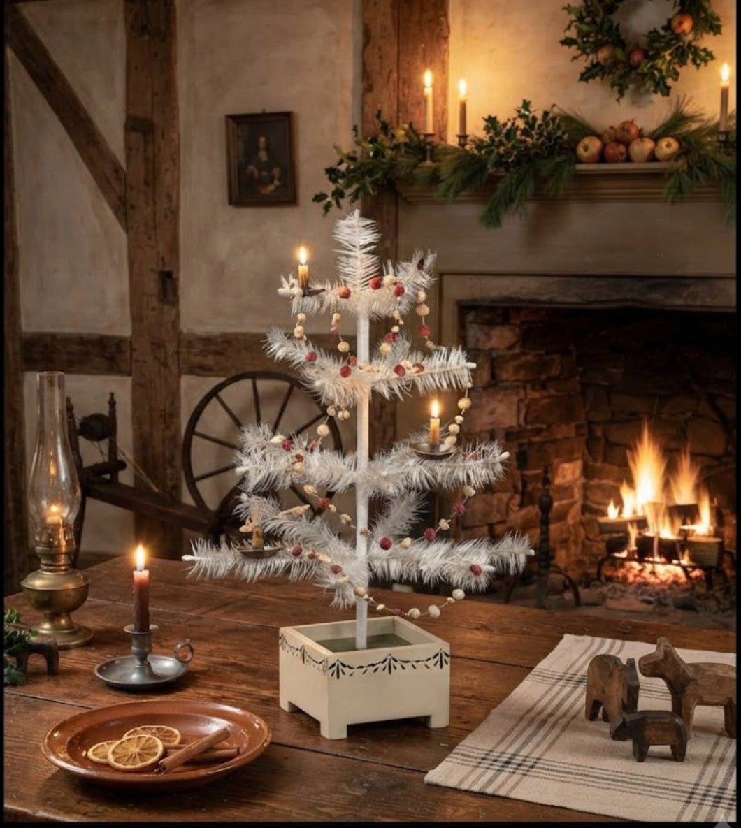 Ragon House Germany Style 18" Ivory Feather Tree in Stenciled Wood Base - The Primitive Pineapple Collection