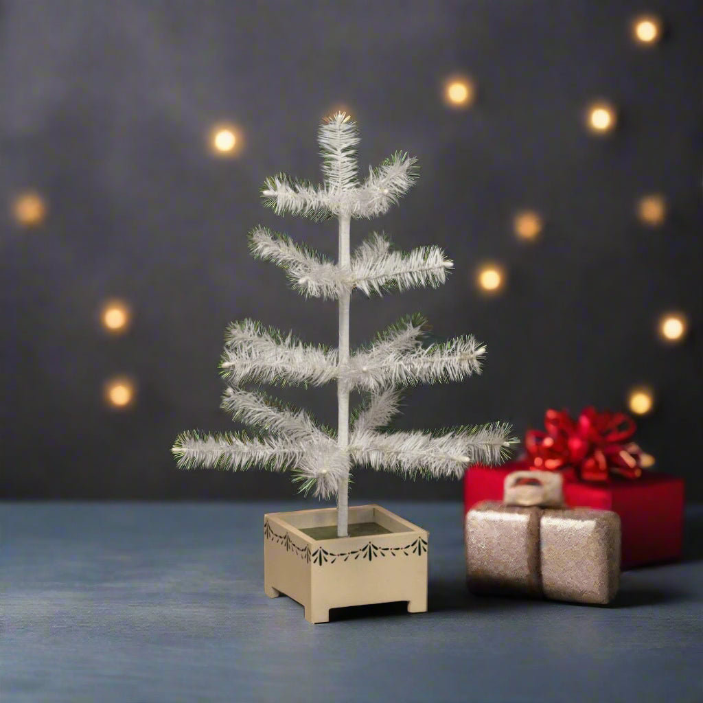 Ragon House Germany Style 18" Ivory Feather Tree in Stenciled Wood Base - The Primitive Pineapple Collection