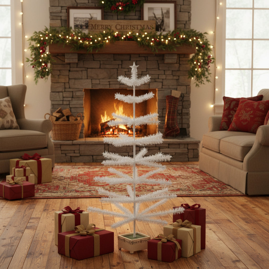 Ragon House Germany Style 48" Ivory Feather Tree in Stenciled Wood Base - The Primitive Pineapple Collection