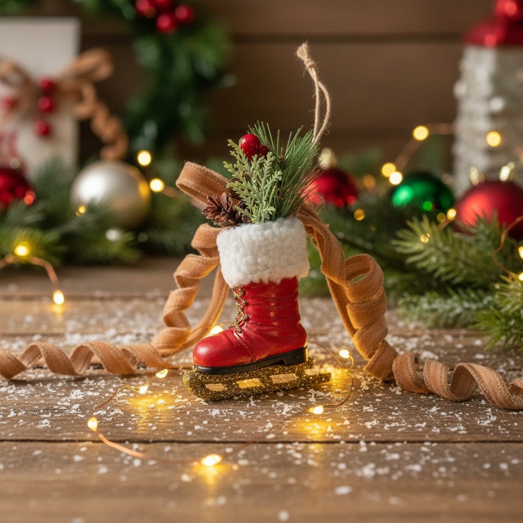 Ragon House Christmas 5.5" Red Retro Ice Skate w/ Greens Ornament - The Primitive Pineapple Collection