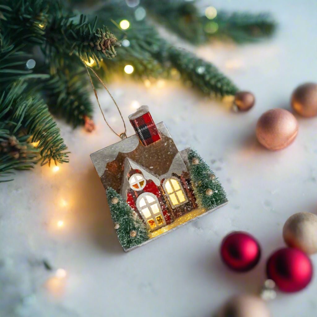 Ragon House Christmas Plaid Lighted House w/ Bottle Brush Trees Ornament - The Primitive Pineapple Collection
