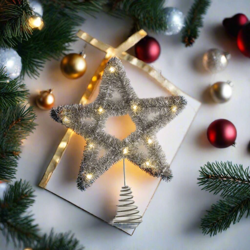 Ragon House Christmas 12"Lighted Silver Tinsel Tree Topper - The Primitive Pineapple Collection