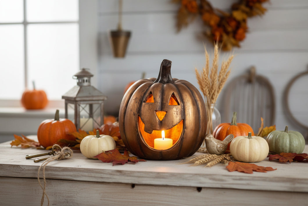 Ragon House Mache 8.5" Gold Big Mouth Pumpkin Jack O Lantern Halloween - The Primitive Pineapple Collection