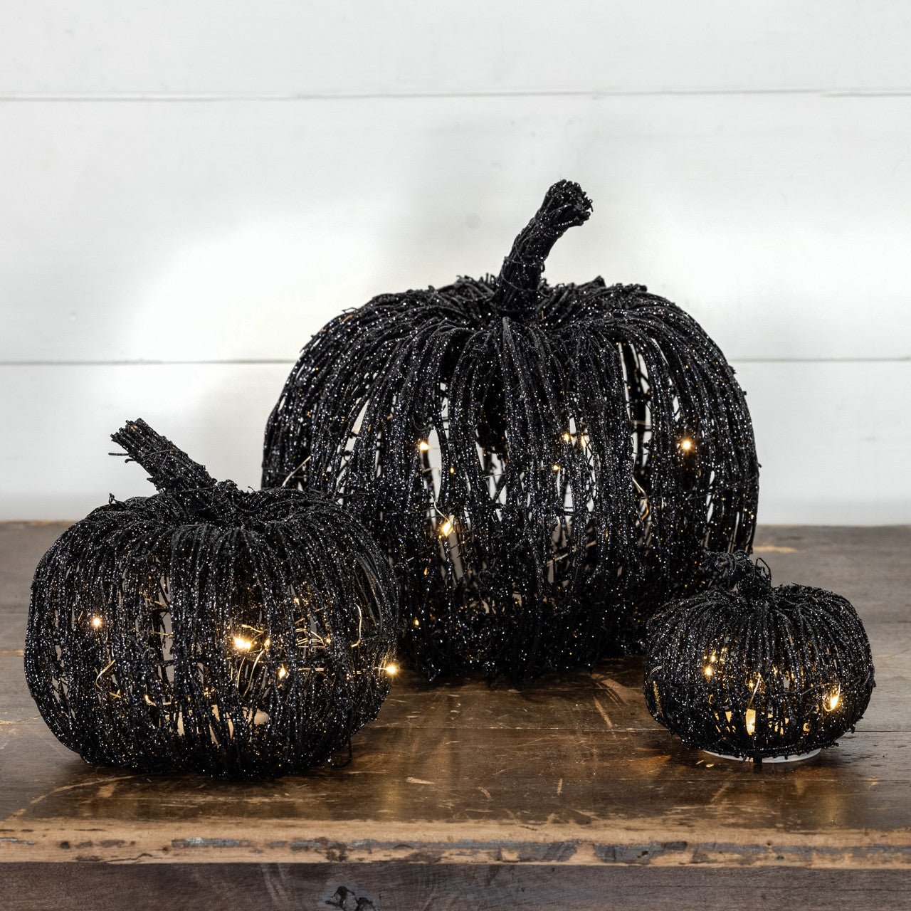 Ragon House Halloween Fall Collectable 11” Lit Up Black Glitter Rattan Pumpkin - The Primitive Pineapple Collection