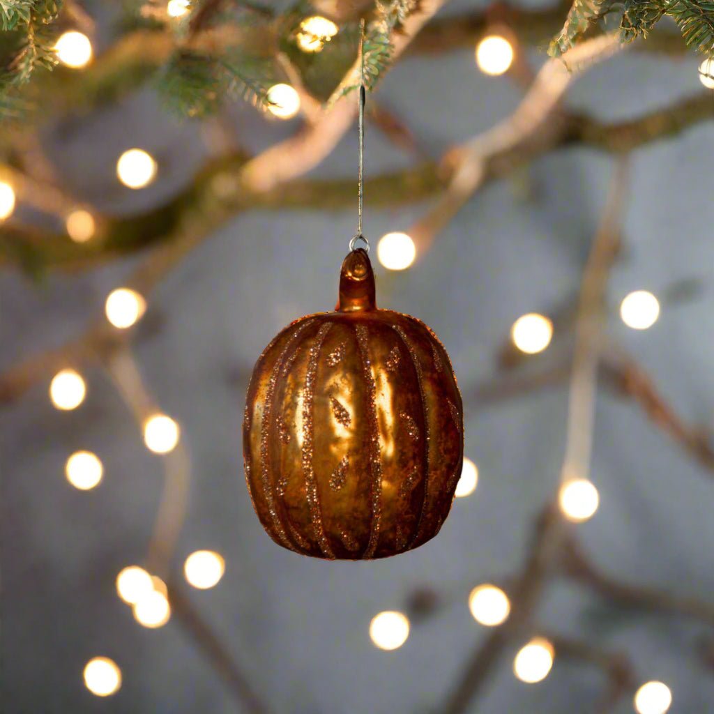 Halloween Ragon House 2.75" Orange Glitter Pumpkin Glass Ornament - The Primitive Pineapple Collection