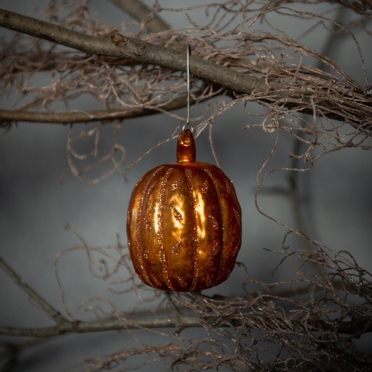 Halloween Ragon House 2.75" Orange Glitter Pumpkin Glass Ornament - The Primitive Pineapple Collection