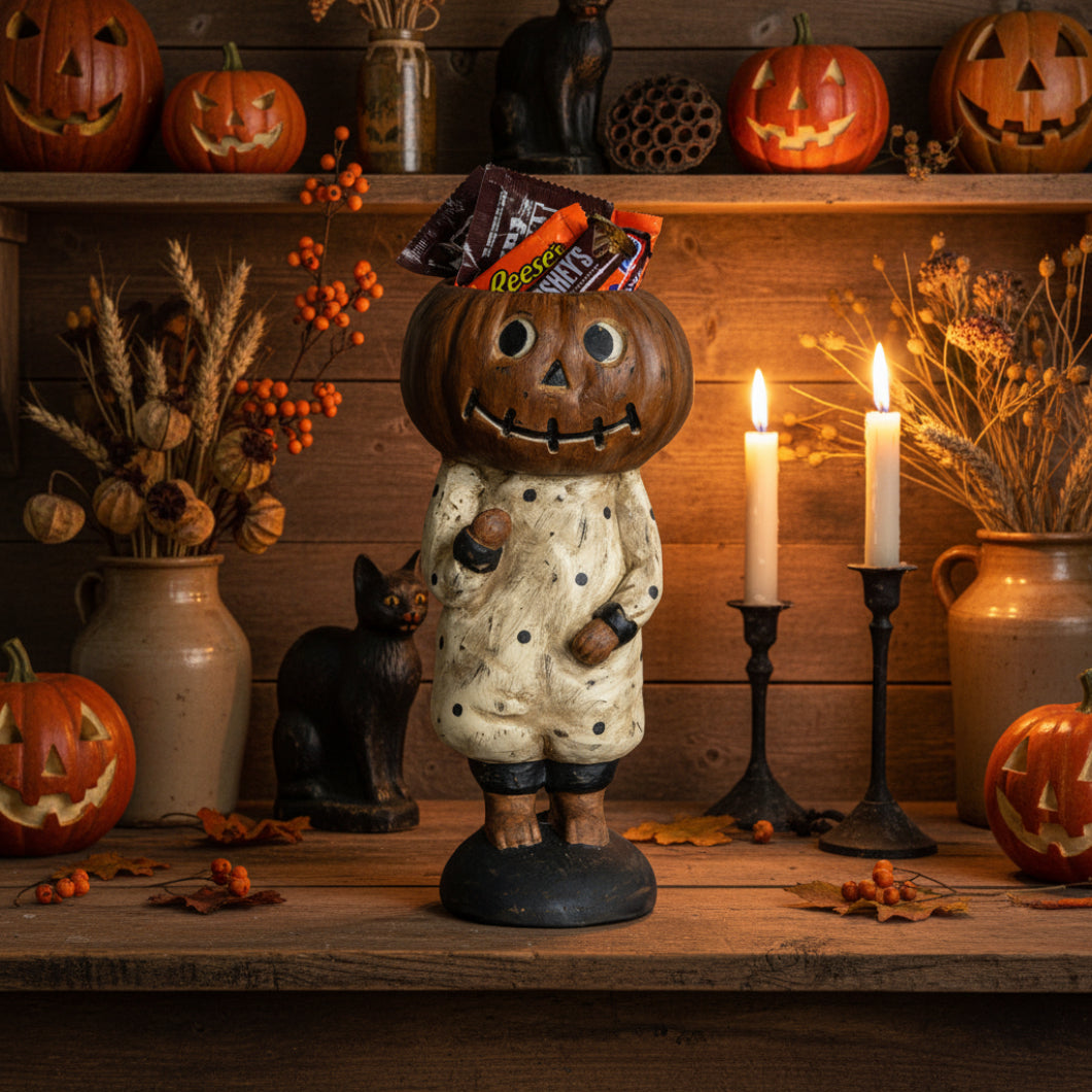 Ragon House Halloween Vintage Look 13.5" Pumpkin Girl w/ Dress Candy Dish Figurine