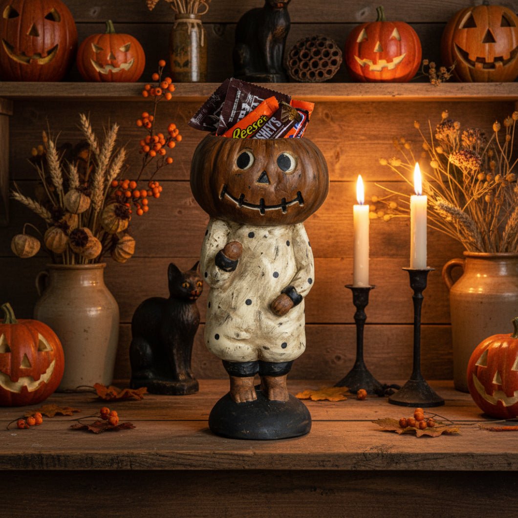Ragon House Halloween Vintage Look 13.5" Pumpkin Girl w/ Dress Candy Dish Figurine - The Primitive Pineapple Collection