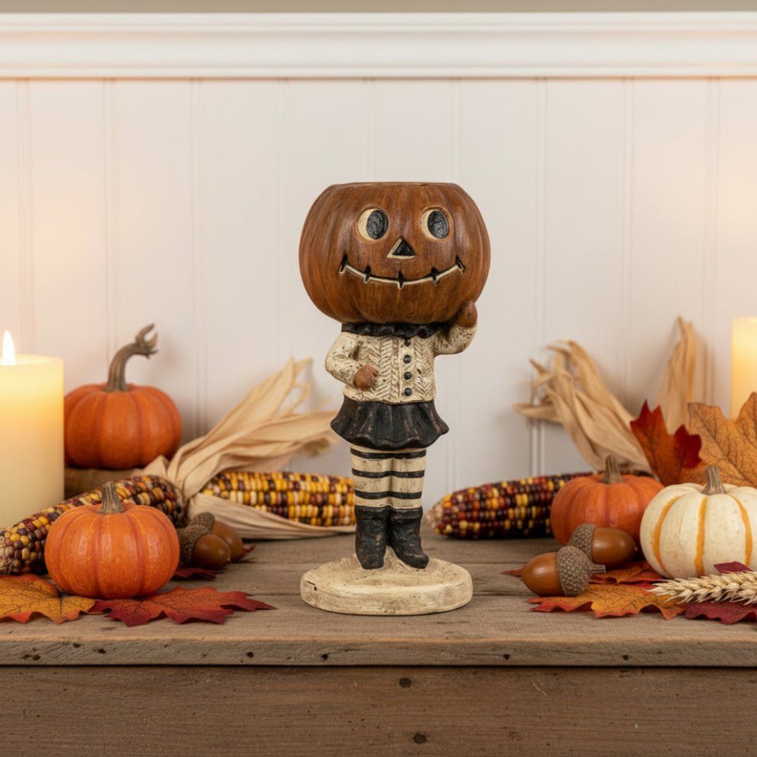Ragon House Halloween Vintage Look 14" Pumpkin Girl w/ Striped Leggings Candy Dish Figurine - The Primitive Pineapple Collection