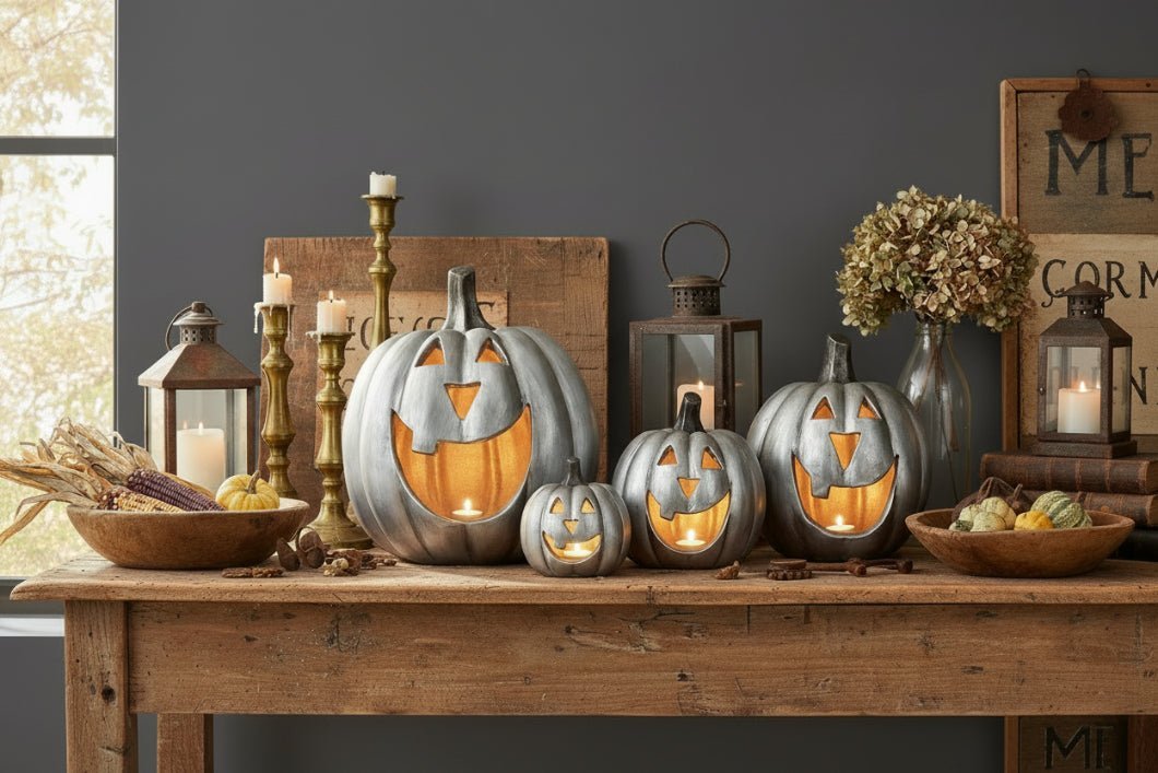 Ragon House Mache 11.5" Silver Big Mouth Pumpkin Jack O Lantern Halloween - The Primitive Pineapple Collection
