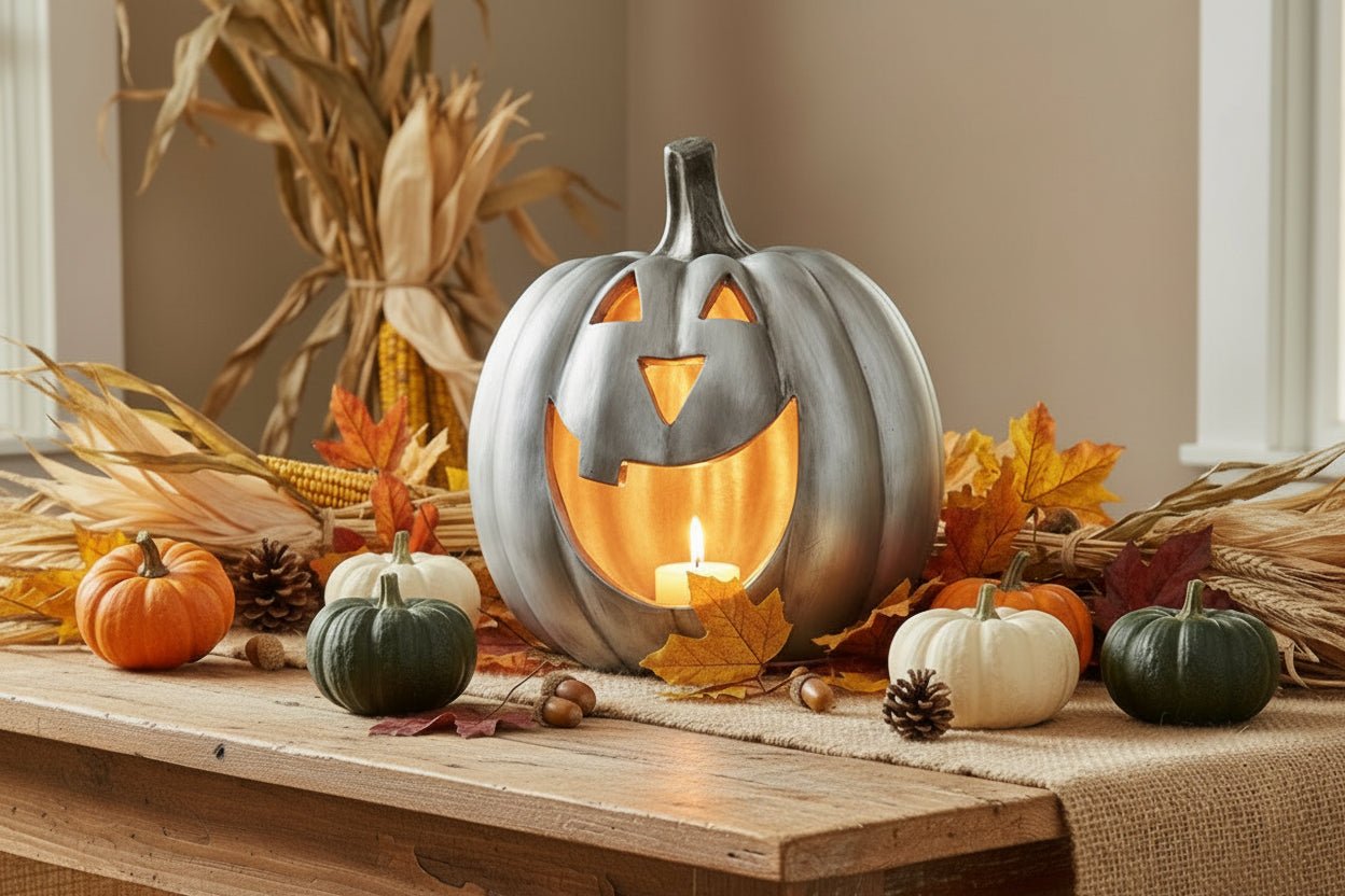 Ragon House Mache 15" Silver Big Mouth Pumpkin Jack O Lantern Halloween - The Primitive Pineapple Collection