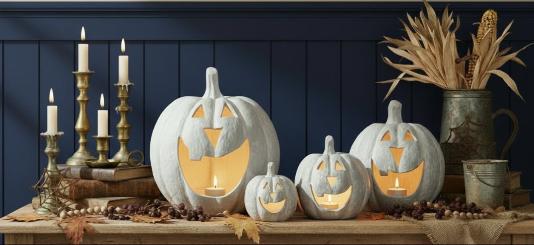 Ragon House Mache 15" Gray Big Mouth Pumpkin Jack O Lantern Halloween - The Primitive Pineapple Collection