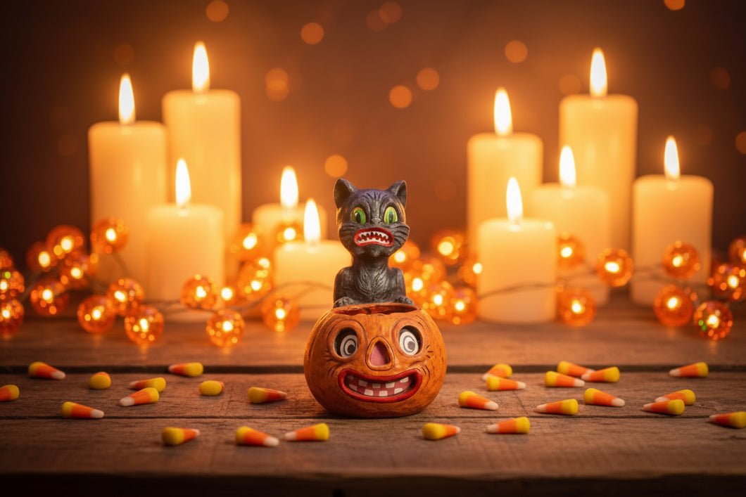 Ragon House Halloween Vintage Look 11"Crazy Cat w/ Jack O Lantern Candy Container - The Primitive Pineapple Collection