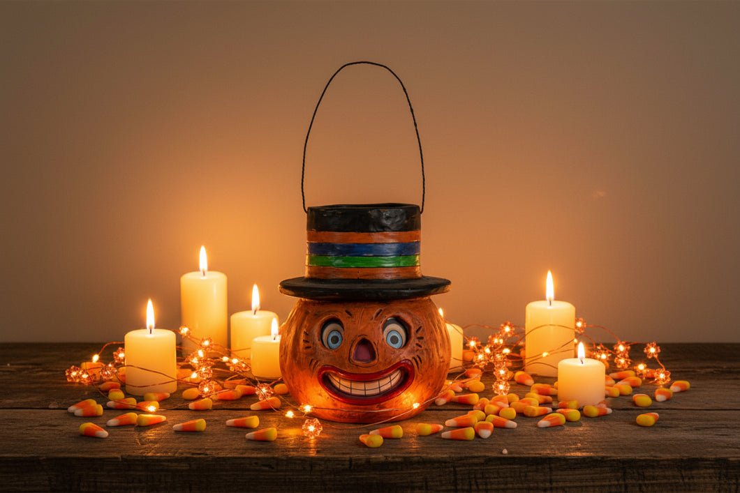 Ragon House Halloween Vintage Look 10.25" Jack O Lantern with Hat Candy Container - The Primitive Pineapple Collection