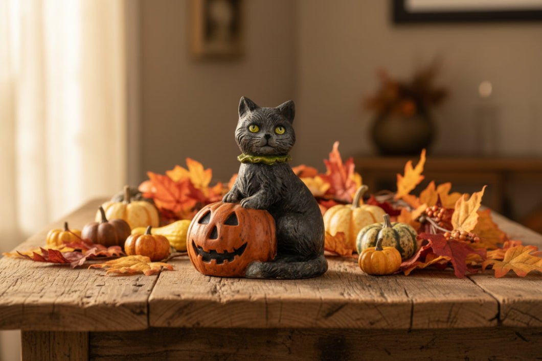 Ragon House Halloween Vintage Look 9.25" Black Cat w/ Jack O Lantern Figurine - The Primitive Pineapple Collection
