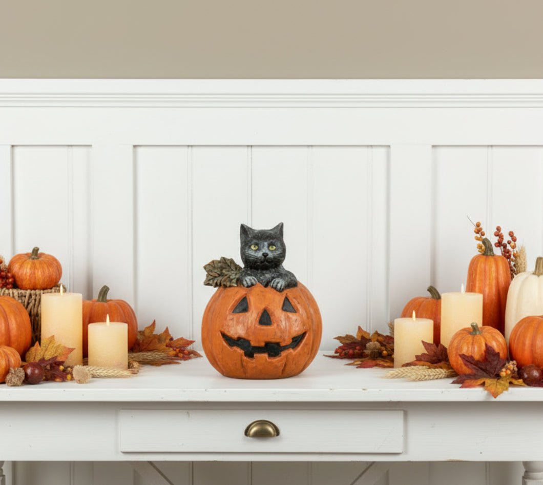 Ragon House Halloween Vintage Look 8.75" Black Cat in Jack O Lantern Figurine - The Primitive Pineapple Collection