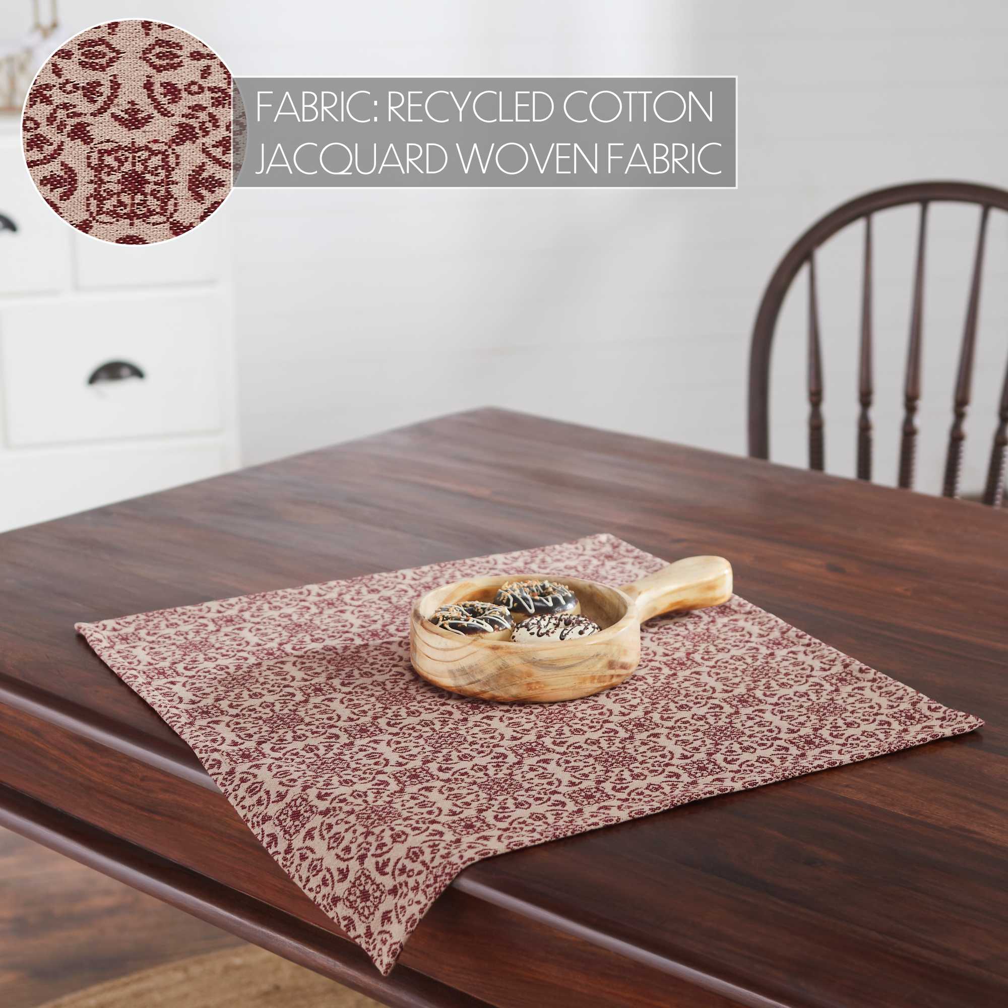 Farmhouse Burgundy Tan Jacquard Table Topper 20x20 - The Primitive Pineapple Collection