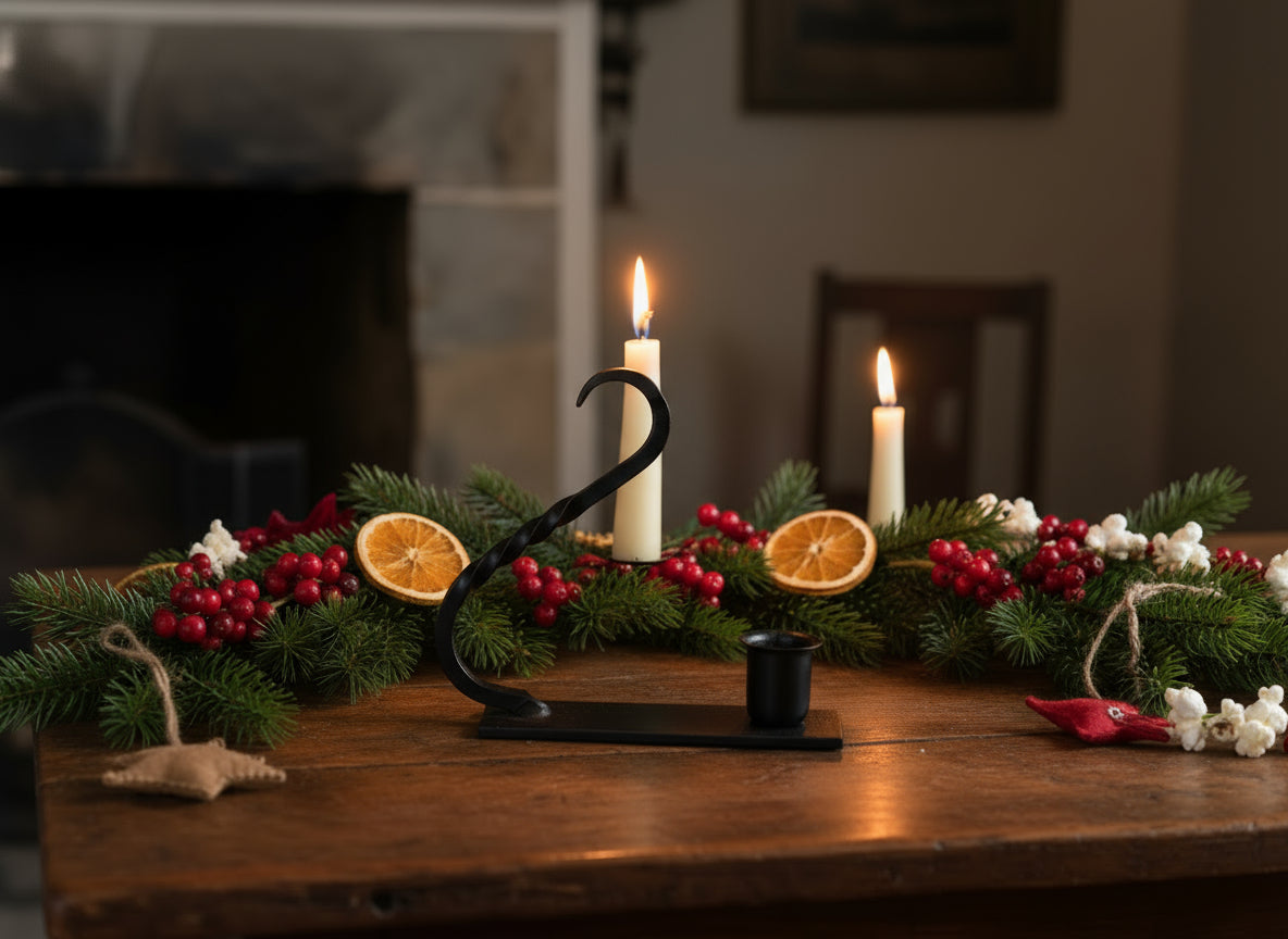 Primitive Rustic Black Iron Taper Curved Taper Holder with Handle - The Primitive Pineapple Collection