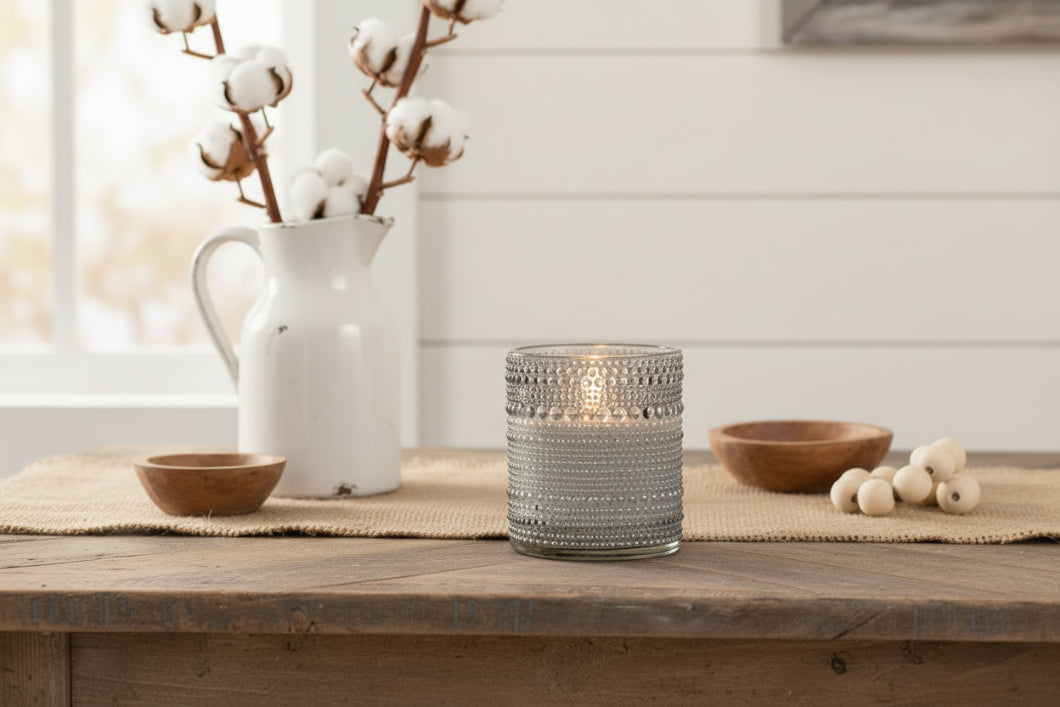 Primitive Ragon House 4"Gray Dotted Glass Jar 3D Flame Battery Candle 6hr Timer - The Primitive Pineapple Collection