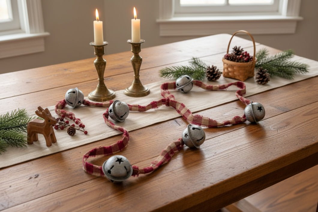 Primitive Rustic 55 Inches Silver Mini Bells on Homespun Garland - The Primitive Pineapple Collection