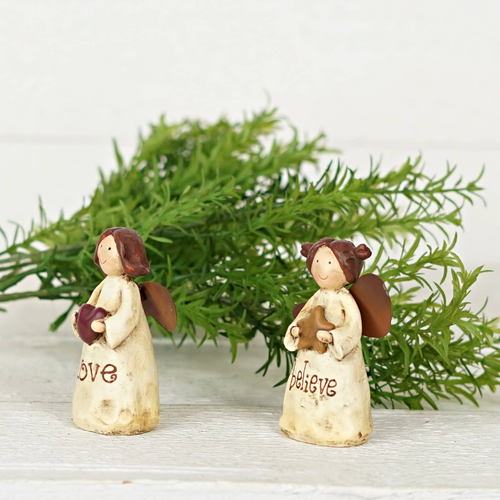 Primitive Farmhouse 2 pc Love and Believe Angels w/ Star Figurines - The Primitive Pineapple Collection